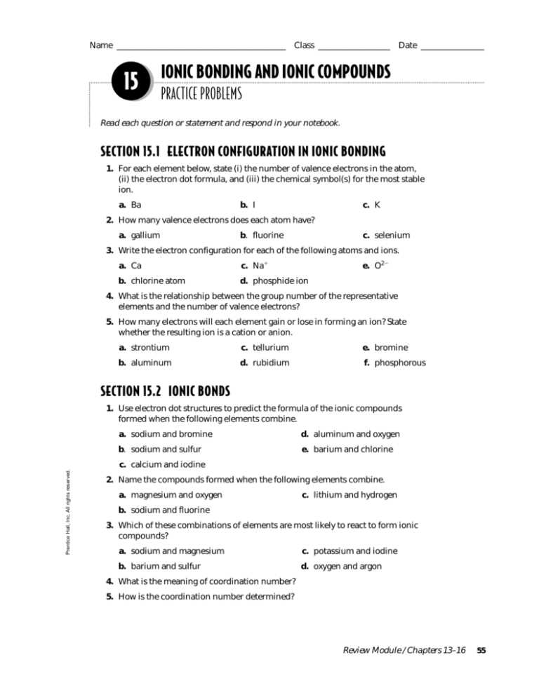 ionic bonds practice answer key