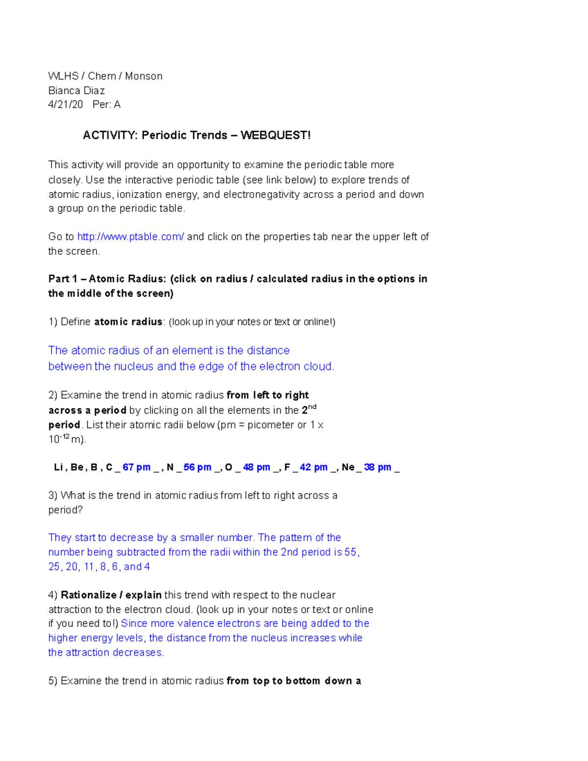 periodic trends answer key