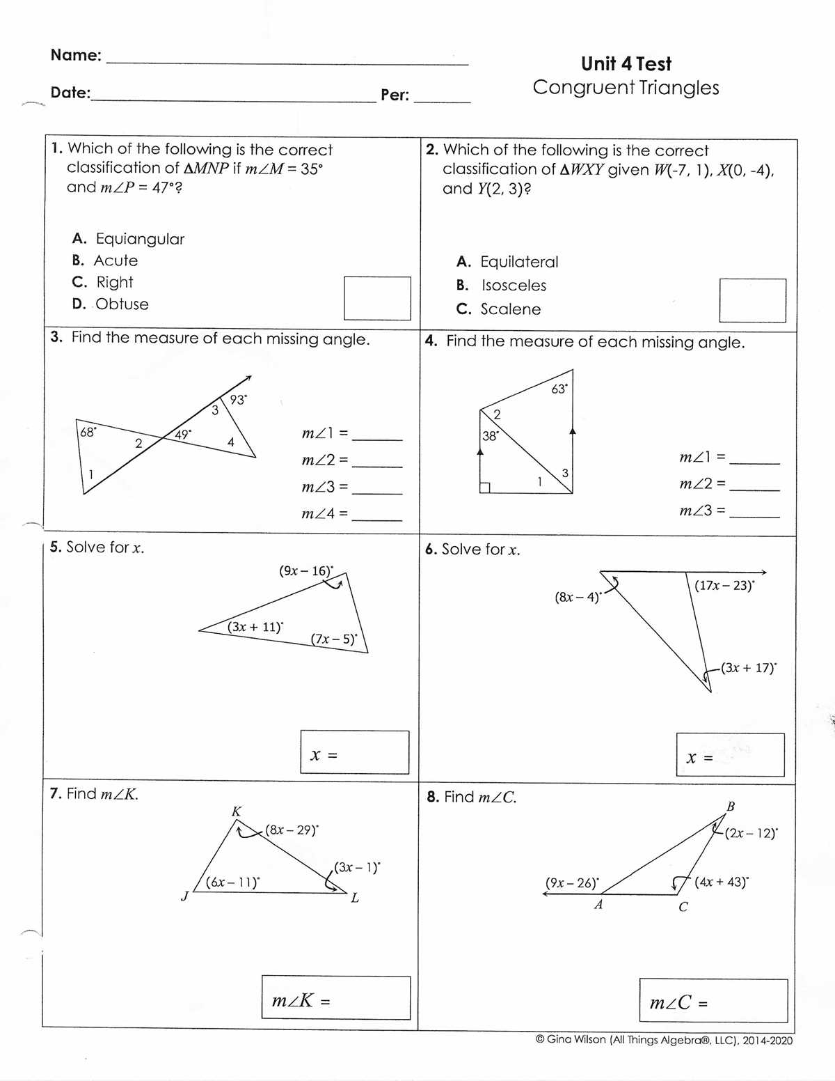 geometry chapter 4 practice test answer key