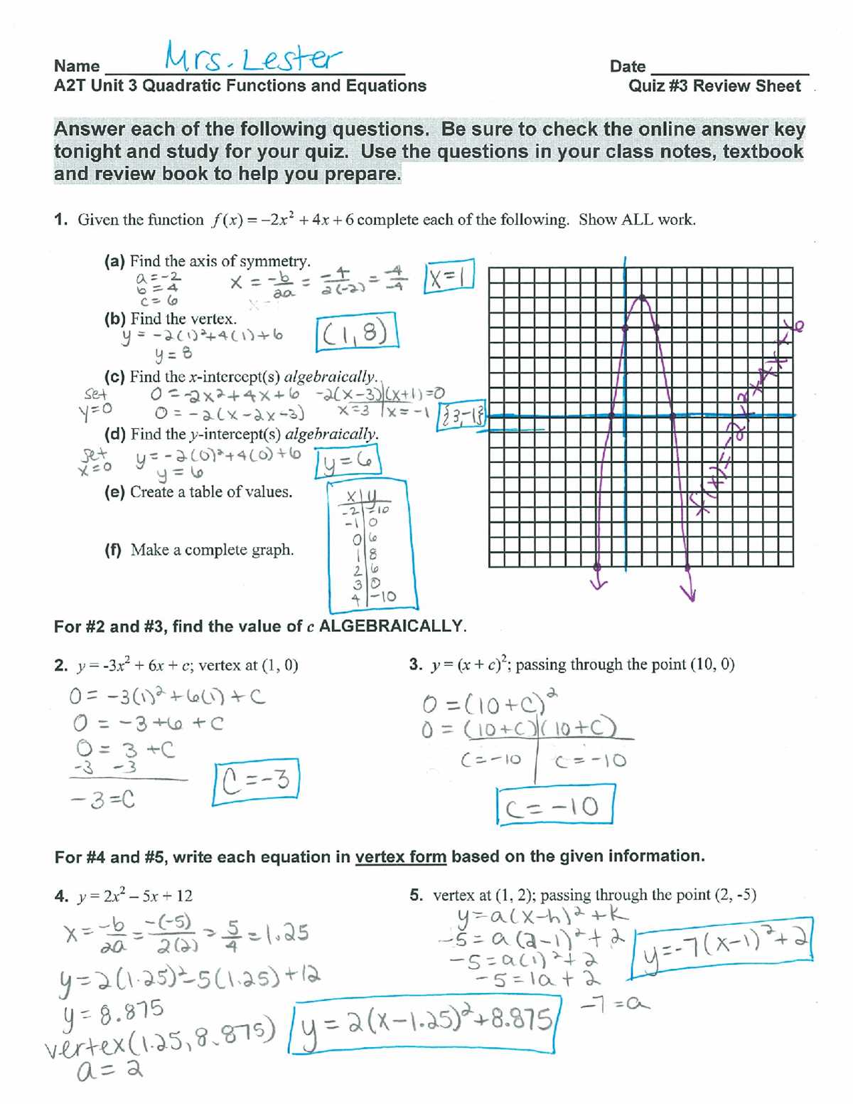 3.1 graphing quadratic functions answer key