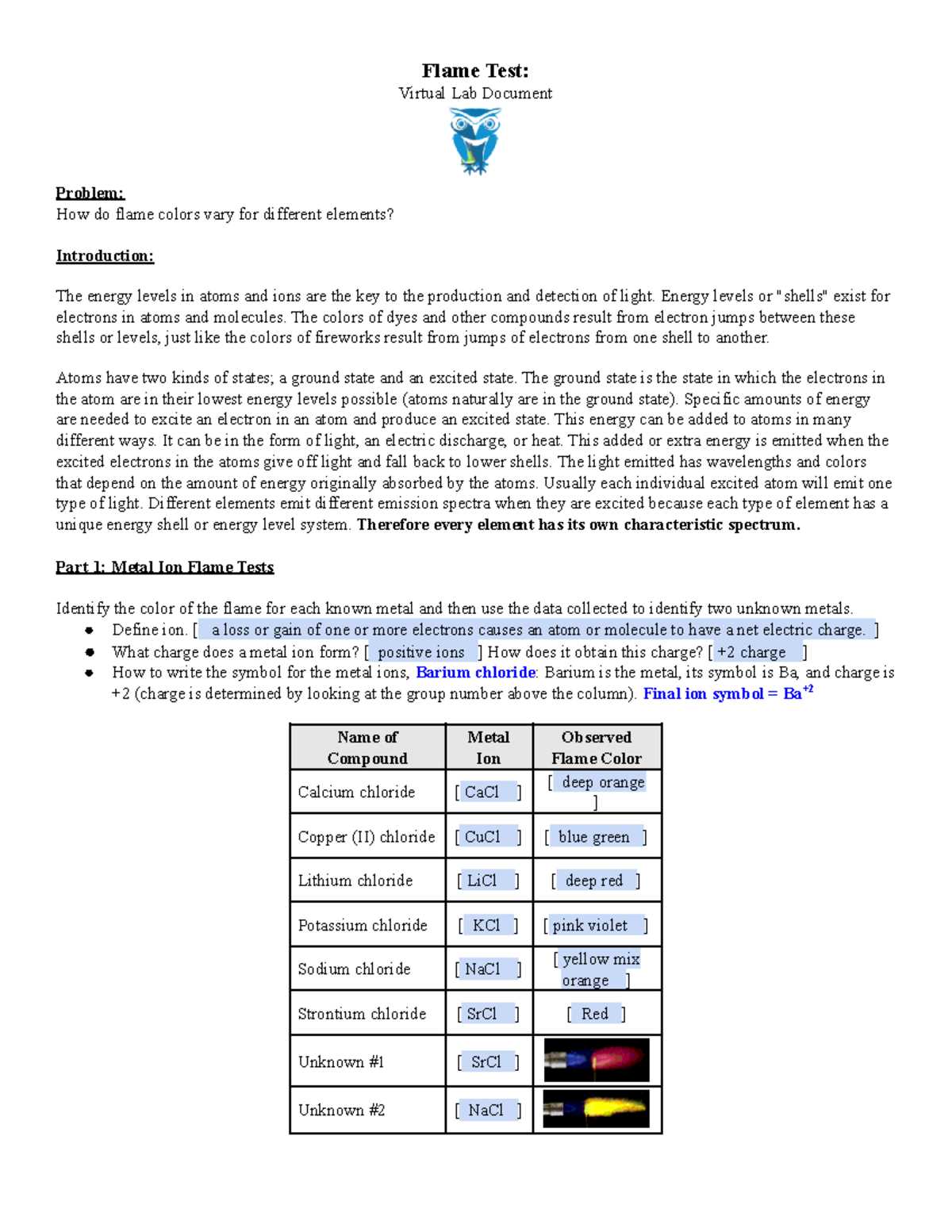 flame test lab answer key