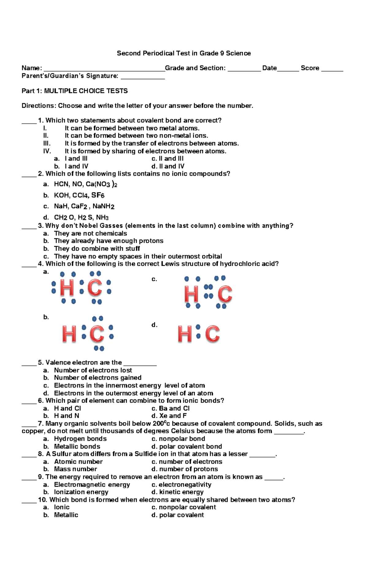 science reviewer for grade 9 with answer key
