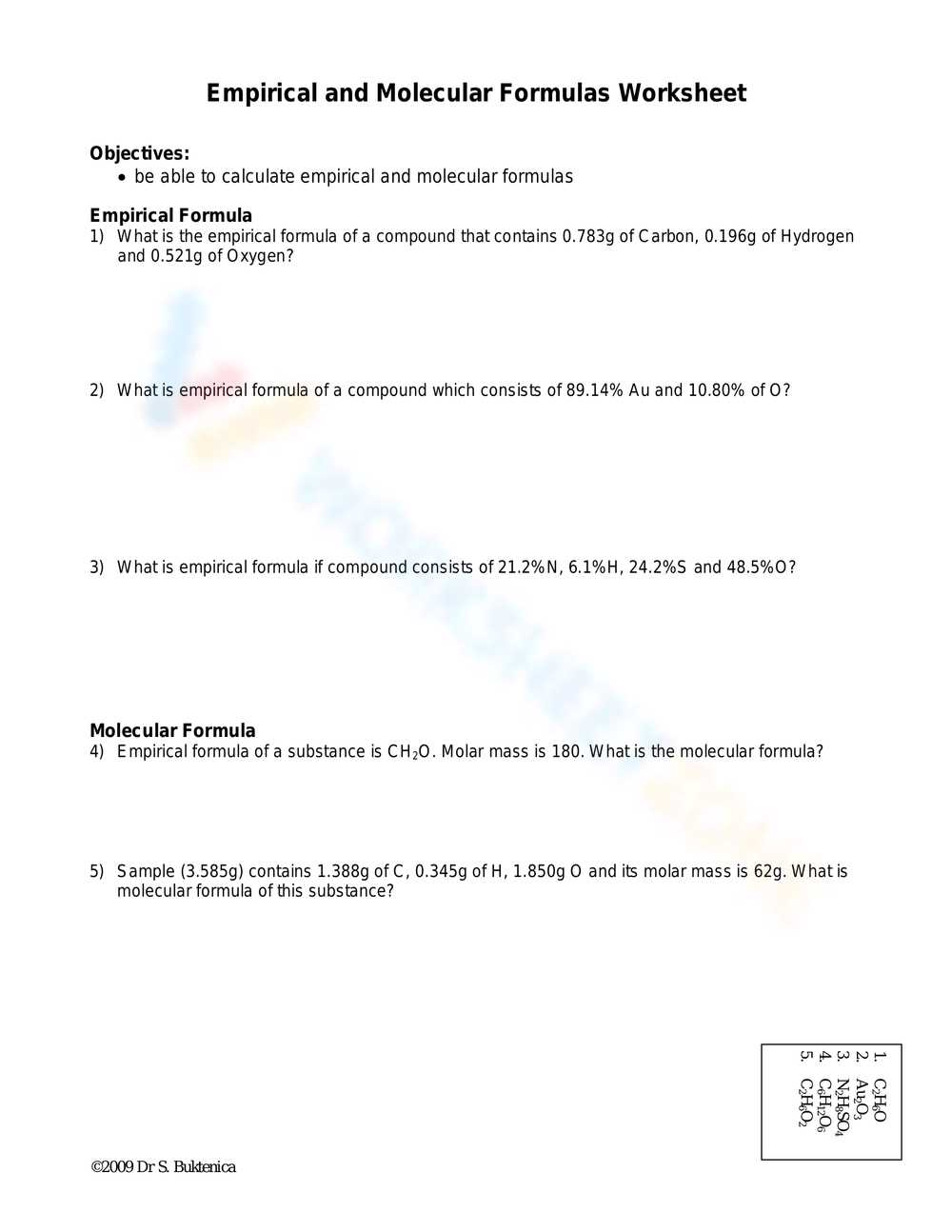 empirical formula practice answer key