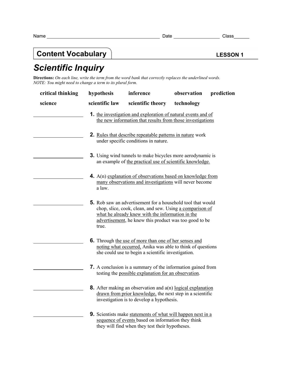 the language of science worksheet answers key